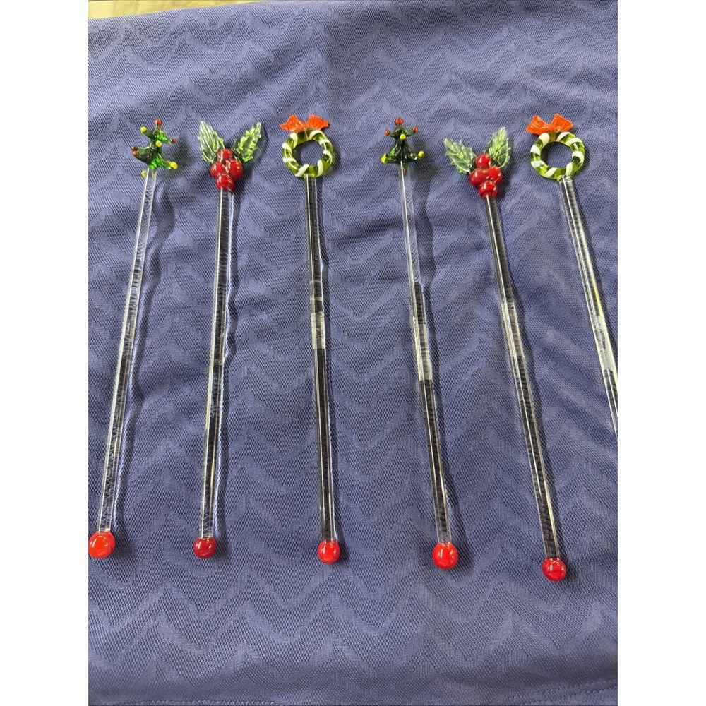 6 Christmas Art Glass Swizzle Sticks - Vintage